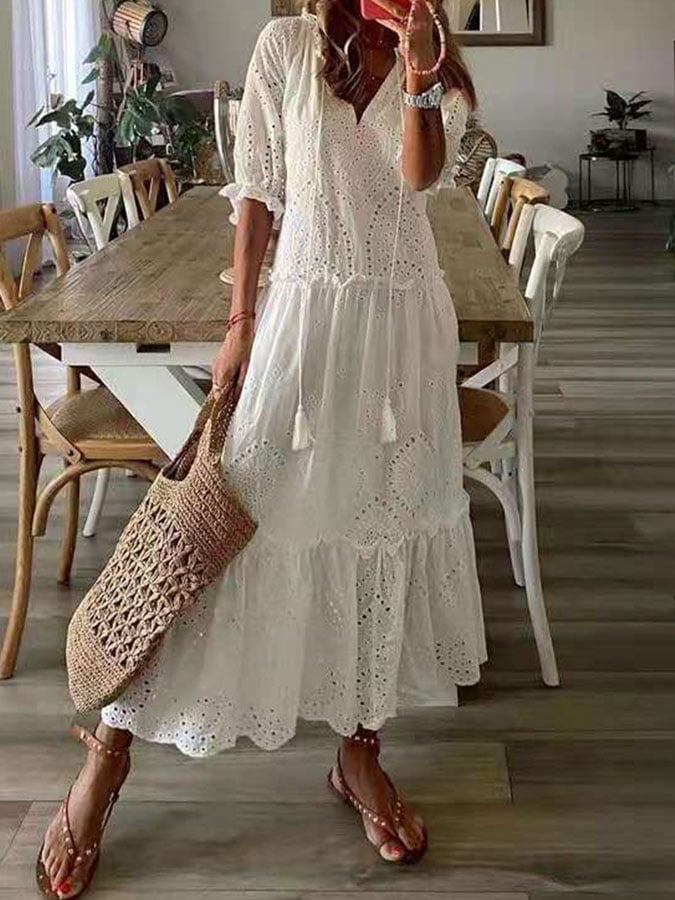 Solid Color V Neck Lace Long Dress