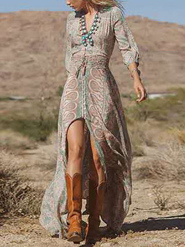 Wisherryy Boho Print Maxi Dress