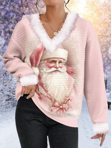 Women's Pink Santa Claus Print Christmas Fur Collar Sweatshirt