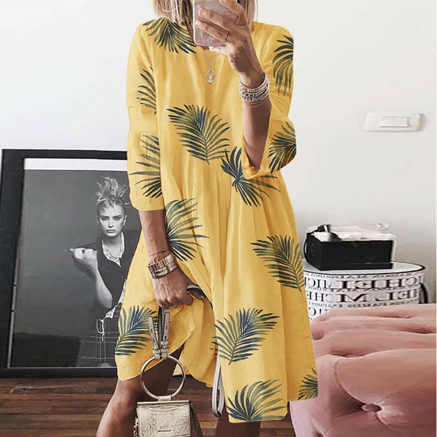 Loose Casual Cotton And Linen Tree Leaf Print Dress