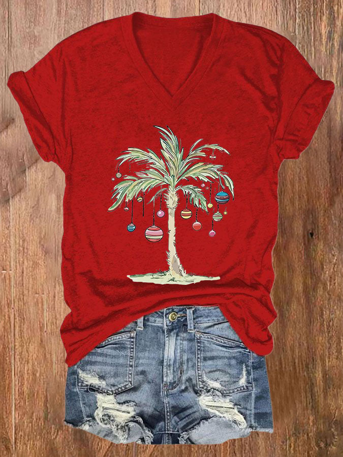 Women's Casual Merry Christmas From Coconut Tree Printed Short Sleeve T-Shirt