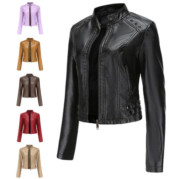 Cropped riveted leather motorcycle jacket