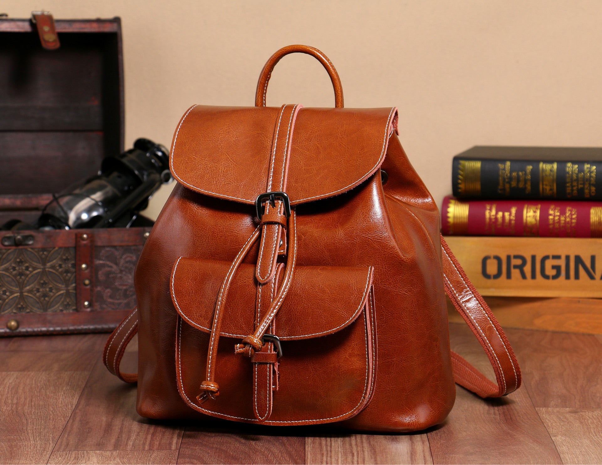 Oil Wax Cowhide Pocket Backpack