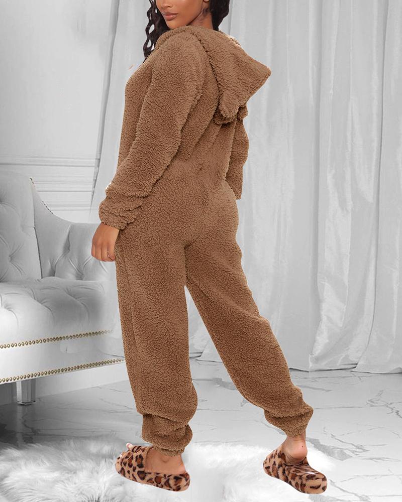 Plush Ear Hooded Home Service Jumpsuit