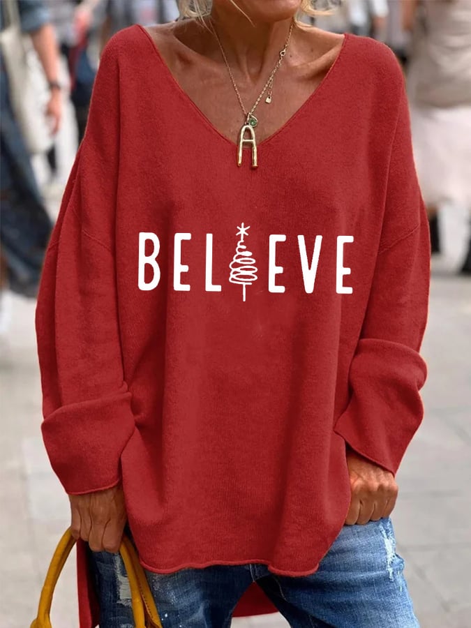 Women's Christmas Tree Believe Print V-Neck Long Sleeve Top