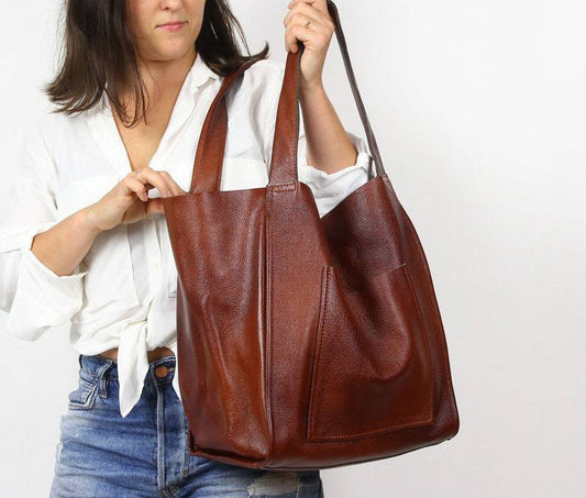 Vintage oil wax soft leather tote handbag