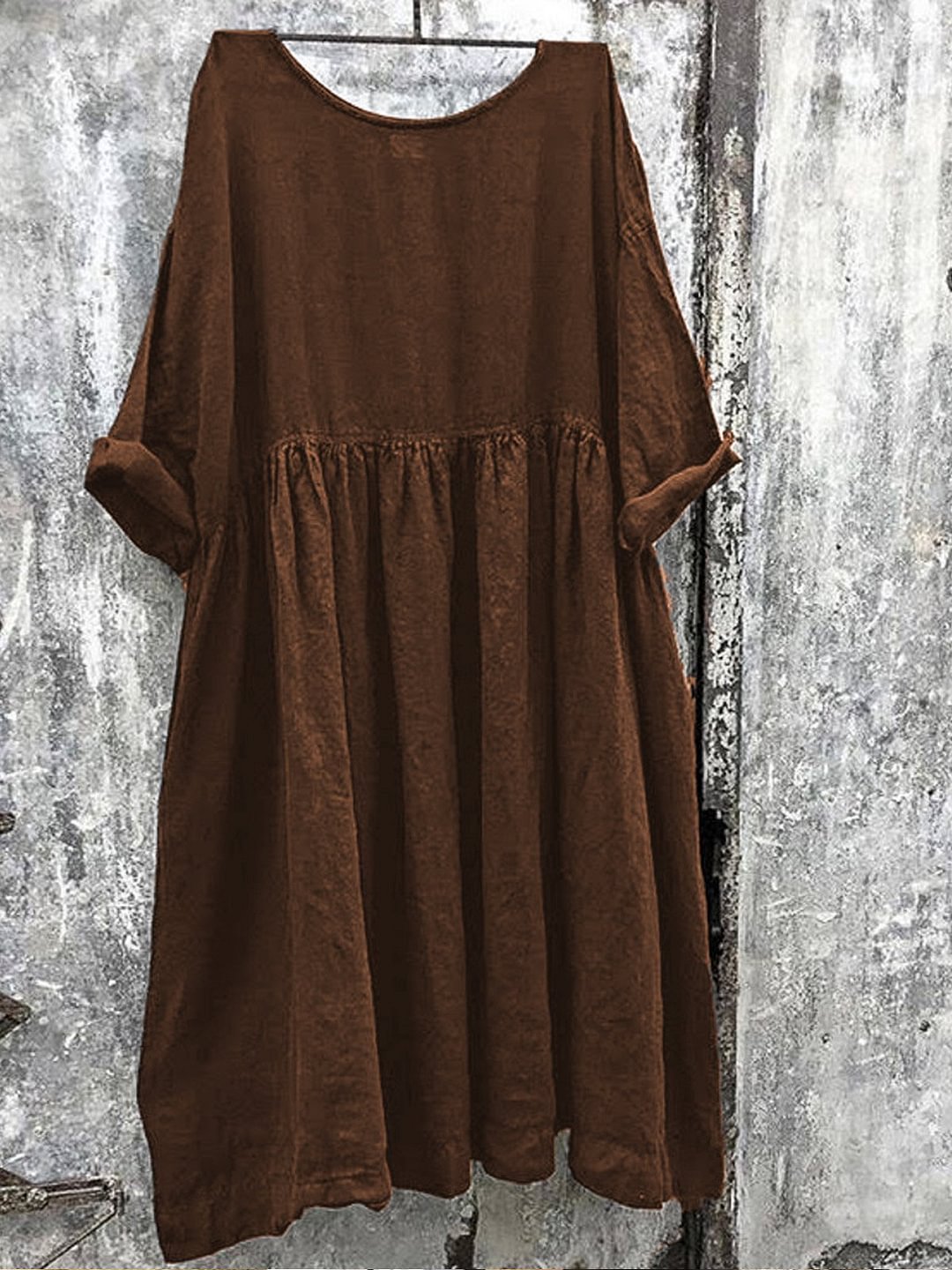 Round Neck Short Sleeve Cotton Linen Dress