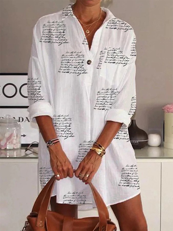 Women's Cotton Linen Alphabet Print Casual Shirt Dress