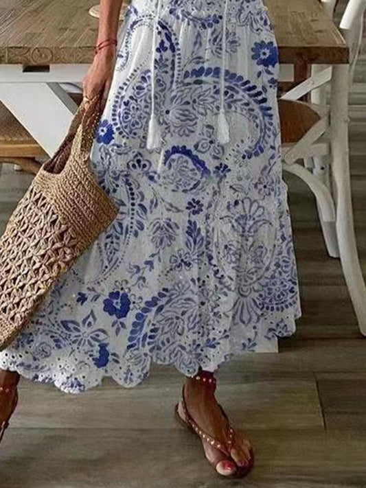 V-Neck Mid-Sleeve Printed Long Dress