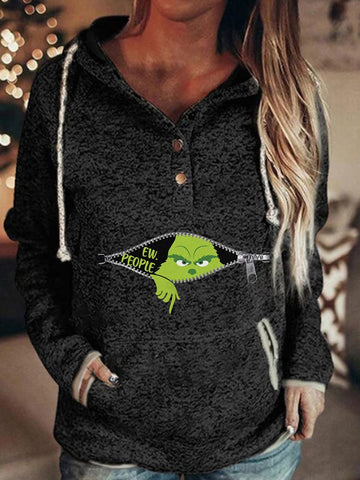 Women's Ew People Christmas Printed Casual Pocket Hoodie