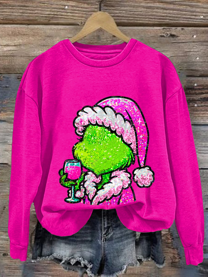 Women's Vintage Christmas Wine Print Casual Sweatshirt