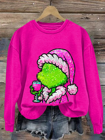 Women's Vintage Christmas Wine Print Casual Sweatshirt