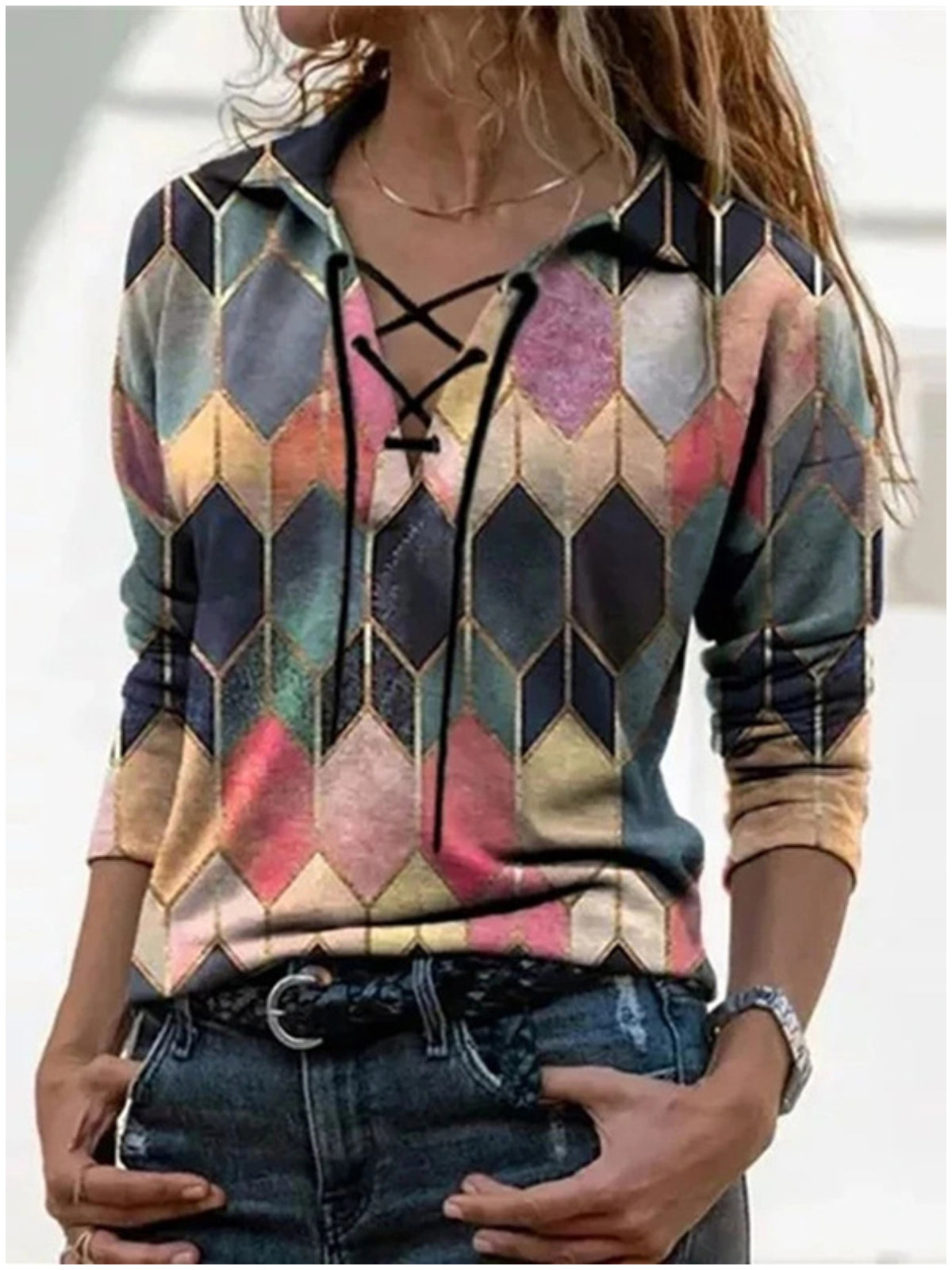 Loose Printed Long-Sleeved Tie V-Neck T-Shirt