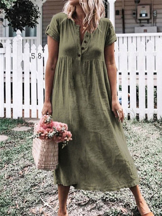 Rolled Sleeve Button Up Pleated Maxi Dress