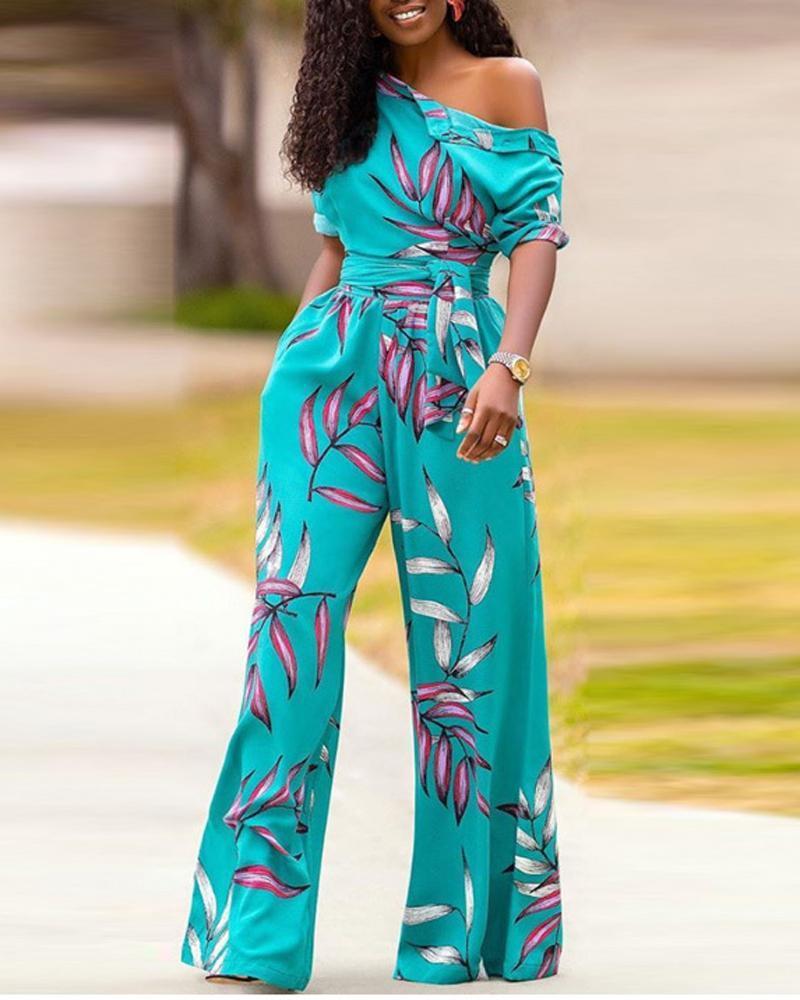 One-shoulder Printed Short-sleeved Jumpsuit