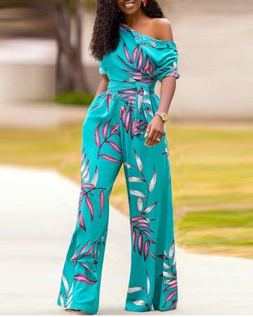 One-shoulder Printed Short-sleeved Jumpsuit