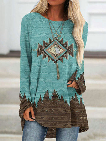 Western Print Casual Long Sleeve Tunic