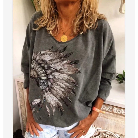 Wisherryy Printed  Long Sleeved Round Neck T-Shirt