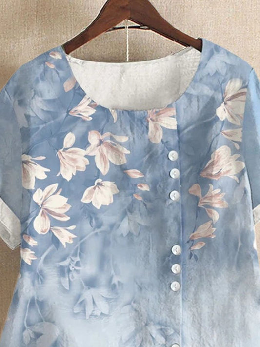 Floral Print Cotton And Linen T-Shirt