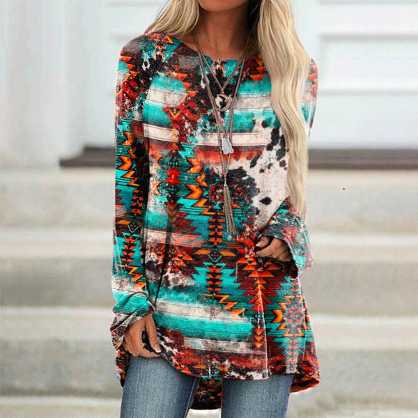 Vintage Western Print Crew Neck Long Sleeve Tunic