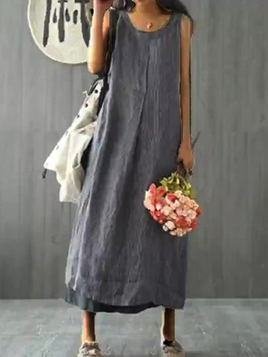 Women's Solid Color Round Neck Loose Sleeveless Cotton Linen Dress