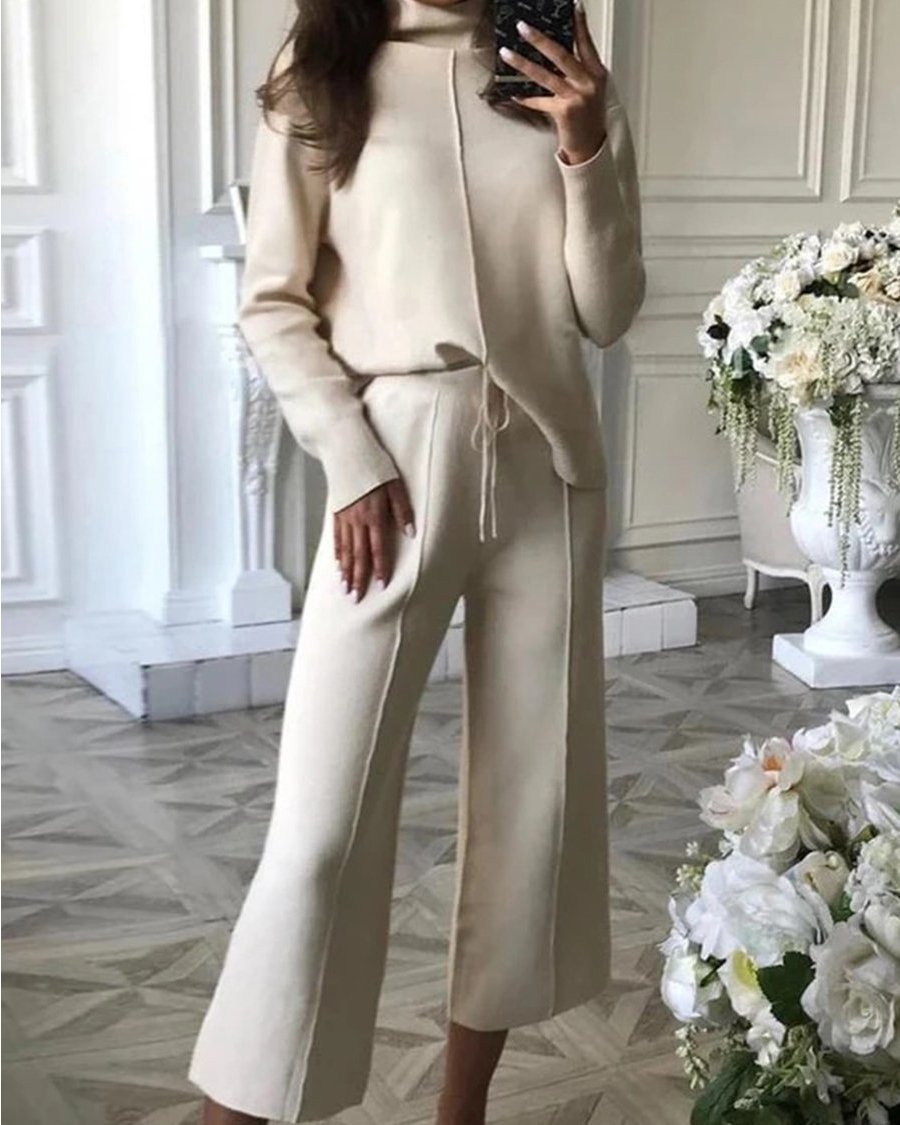 🔥Christmas Sale 🎁🎄-50% OFF-Casual High-neck Knitted Wide-leg Pants Two-piece Suits