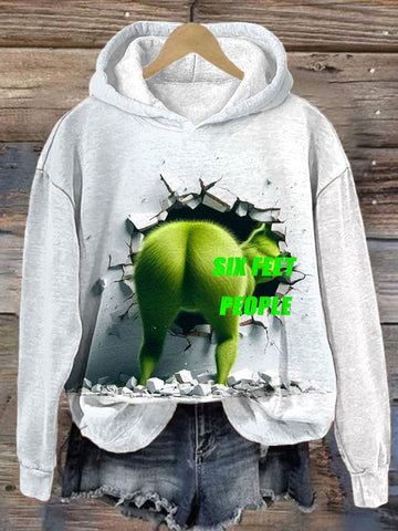 Women's Funny Christmas Green Furry Monster "SIX FEET PEOPLE" Printed Hooded Sweatshirt