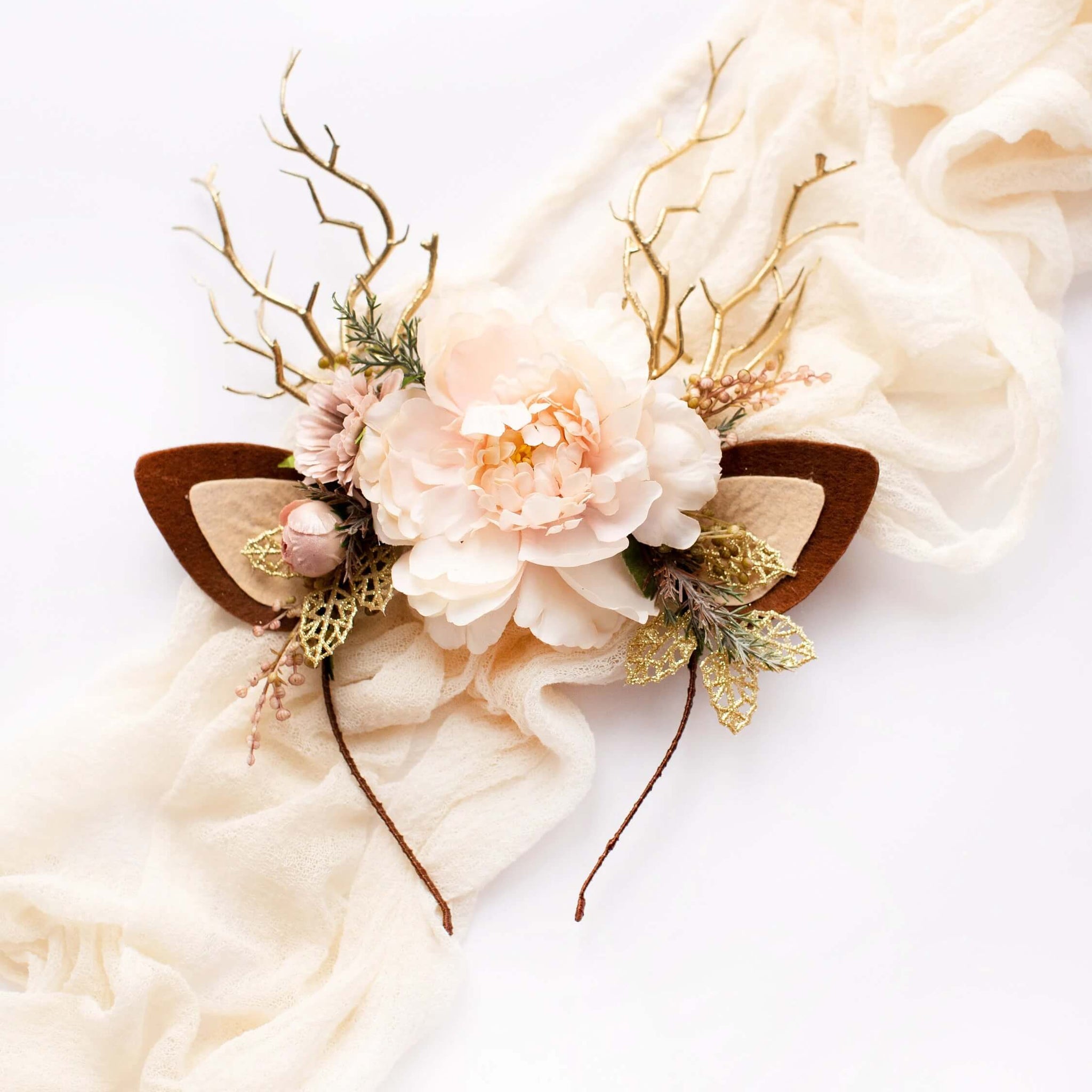 Christmas Reindeer Headband- Garden Blush & Golden Leaves