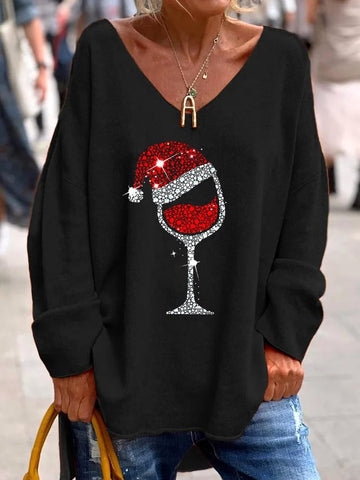 Women's Shiny Christmas Red Wine Glass Casual V-Neck Top