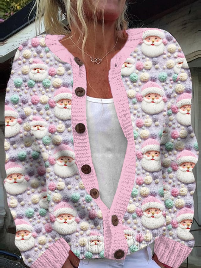 Women's Christmas Santa Print Knit Cardigan