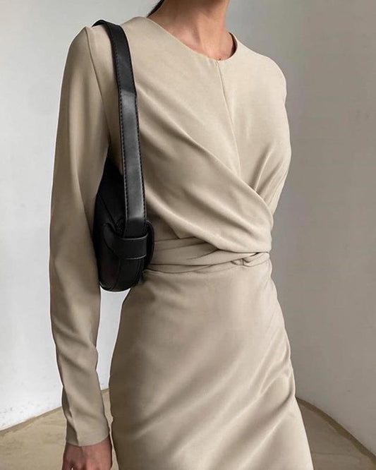 Crew Neck Long Sleeve Pleated Dress