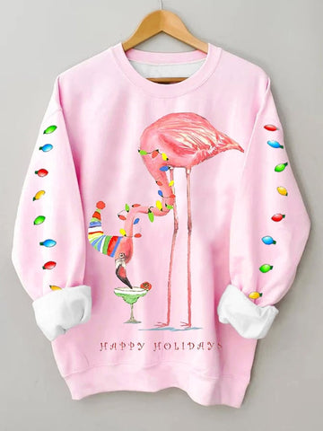 Women's Merry Christmas Flamingo Fun Print Casual Sweatshirt