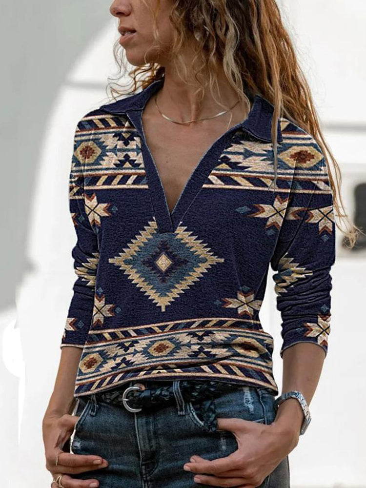 Western Print V-Neck Long-Sleeve Polo Shirt