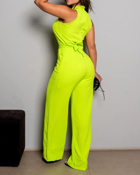 Sleeveless waist solid color jumpsuit