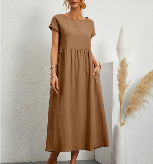 Solid Color Sleeveless Loose Cotton and linen Pocket Dress