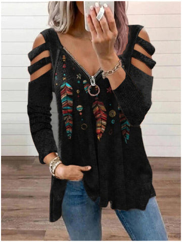 Casual Feather Print Cutout Long Sleeve T-Shirt