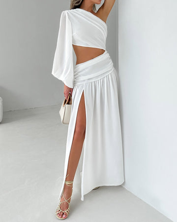 One Shoulder Long Sleeve Slit Dress