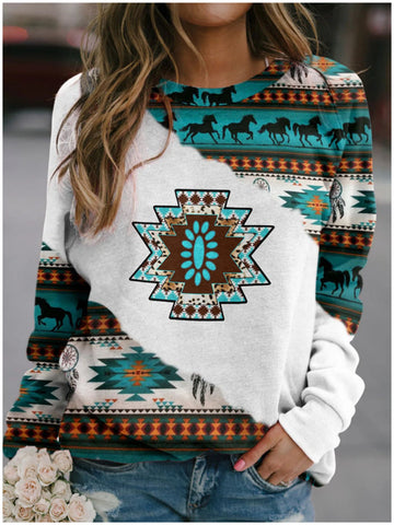 Wisherryy Animal Geometric Print Long Sleeve Crew Neck Sweatshirt