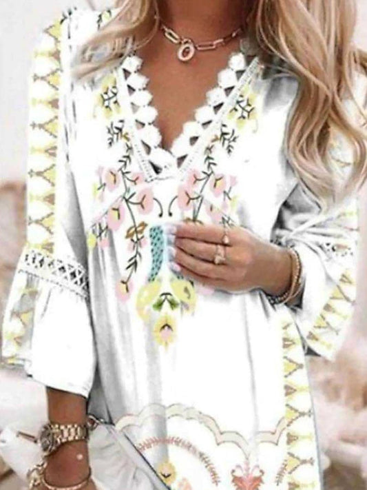 V-Neck Printed Lace Panel Bohemian Dress