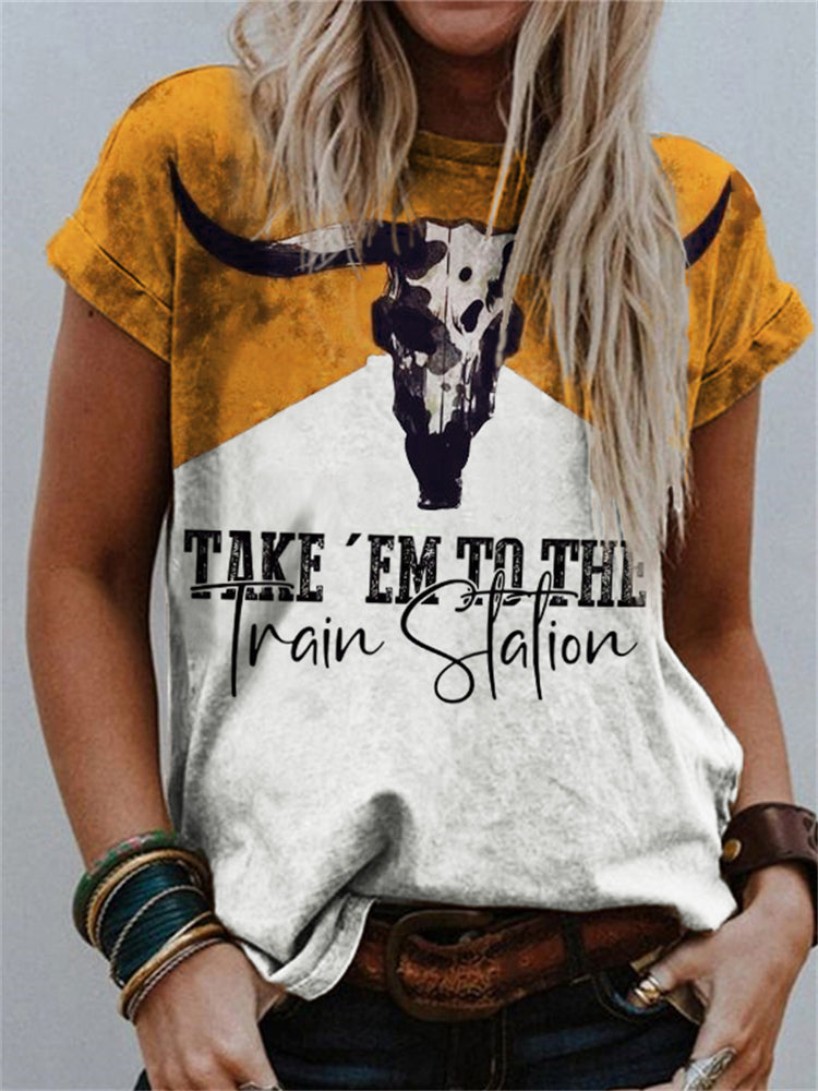 Vintage Bull Skull Take Em To The Train Station T Shirt