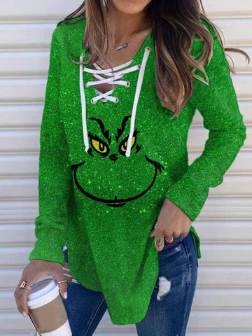 Women's Casual Christmas Print Lace-Up V-Neck Long Sleeve T-Shirt