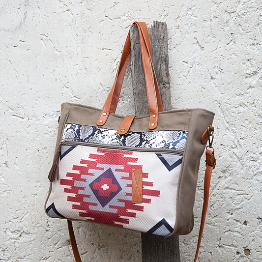 Boho Ethnic Patterned Tote Bag, Geometric Shoulder Bag, Crossbody Bag