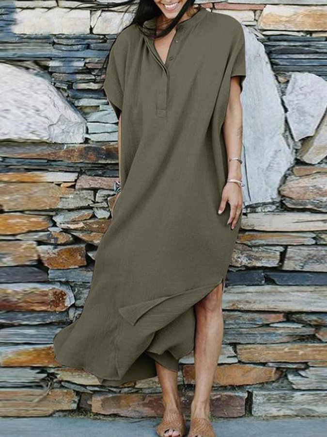 Women's V-Neck Short Sleeve Cotton Linen Dress