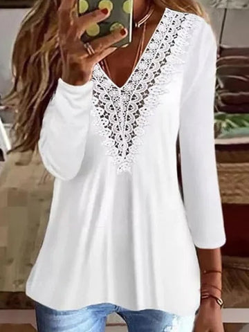 Women's Solid Color V-Neck Lace Stitching Casual T-Shirt