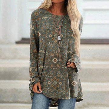 Vintage Print Crew Neck Long Sleeve Tunic