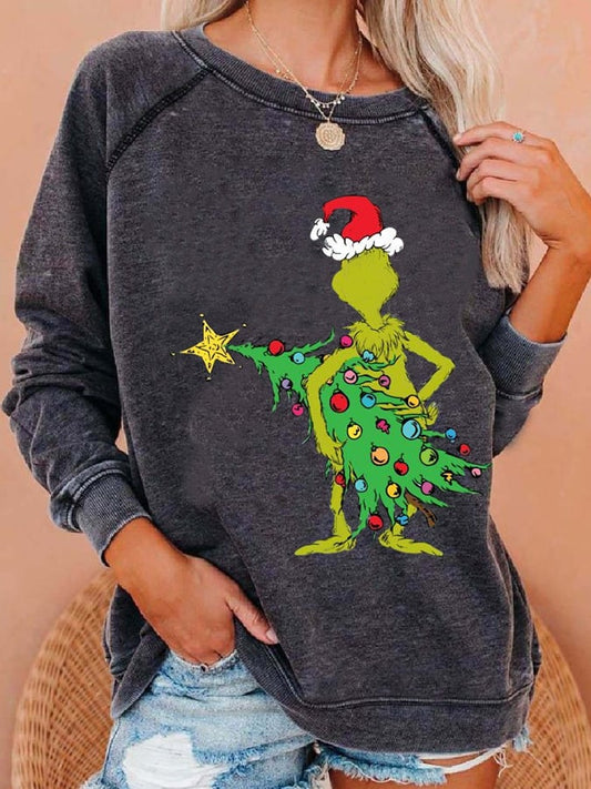 Women Funny Christmas Tree Print Casual Sweatshirt