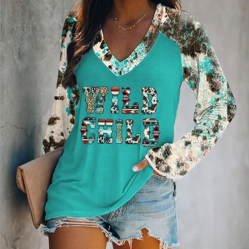 Western Print Panel V-Neck Long Sleeve T-Shirt