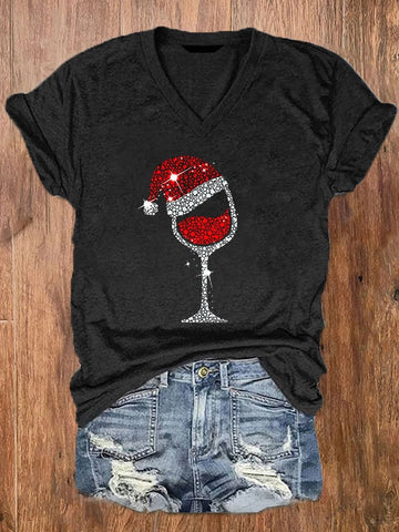 Women's Merry Christmas Wine Glass V-Neck Tee