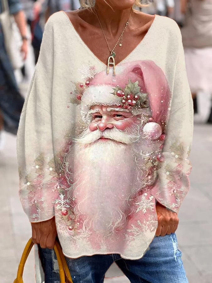 Women's Pink Santa Claus Print Christmas Casual V-Neck Top