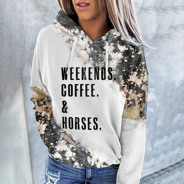 Western WEEKENDS. COFFEE. & Horses Print Long Sleeve Hoodie